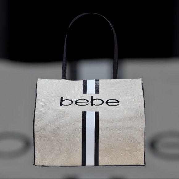 Bebe Cream and Black Large Canvas Tote Bag New - Picture 1 of 15